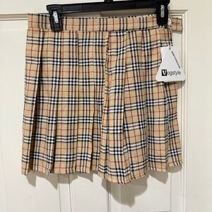 Tan and Black Pleated Mini Skater Skirt